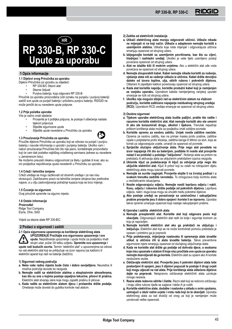 Upute za uporabu | RIDGID RP 330-C User Manual | Page 46 / 82