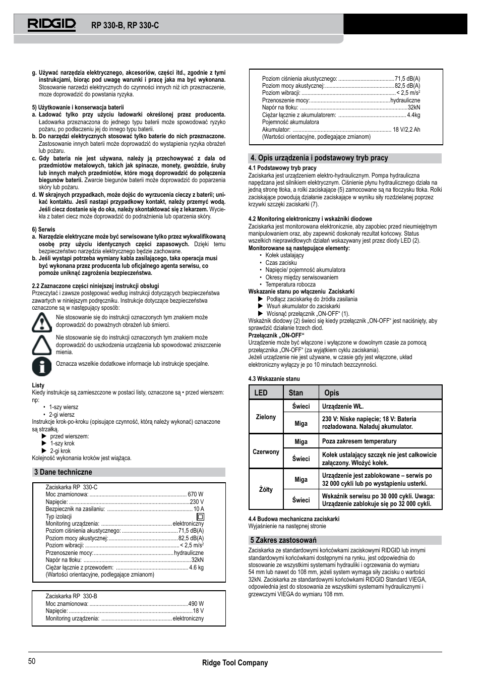 Ridge tool company 50, 3 dane techniczne, Opis urządzenia i podstawowy tryb pracy | Led stan opis, 5 zakres zastosowań | RIDGID RP 330-C User Manual | Page 51 / 82