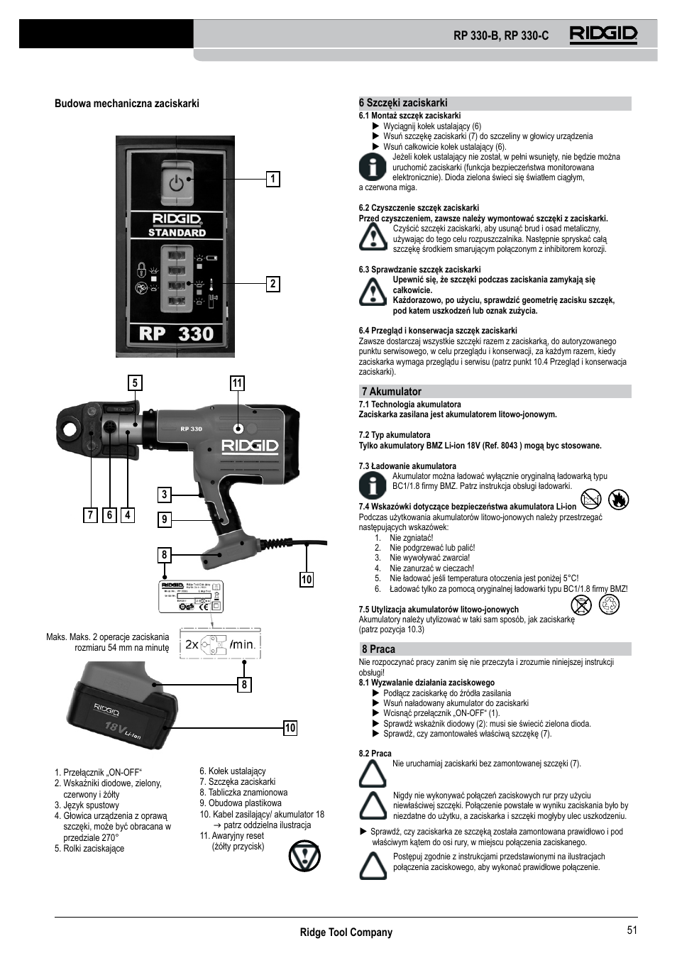 Ridge tool company 51, 6 szczęki zaciskarki, 7 akumulator | 8 praca | RIDGID RP 330-C User Manual | Page 52 / 82