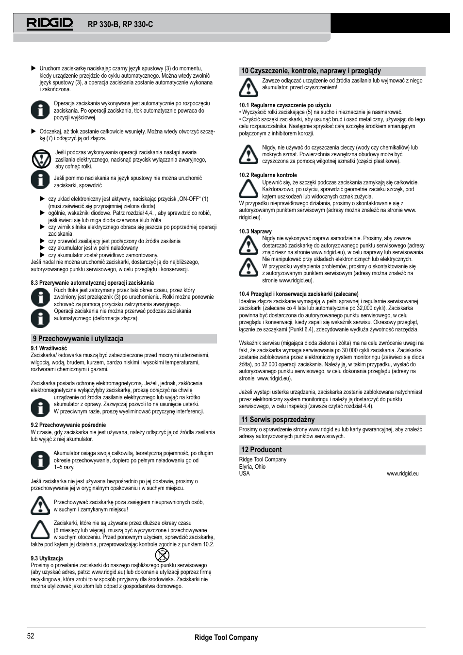 Ridge tool company 52, 9 przechowywanie i utylizacja, 10 czyszczenie, kontrole, naprawy i przeglądy | 11 serwis posprzedażny, 12 producent | RIDGID RP 330-C User Manual | Page 53 / 82