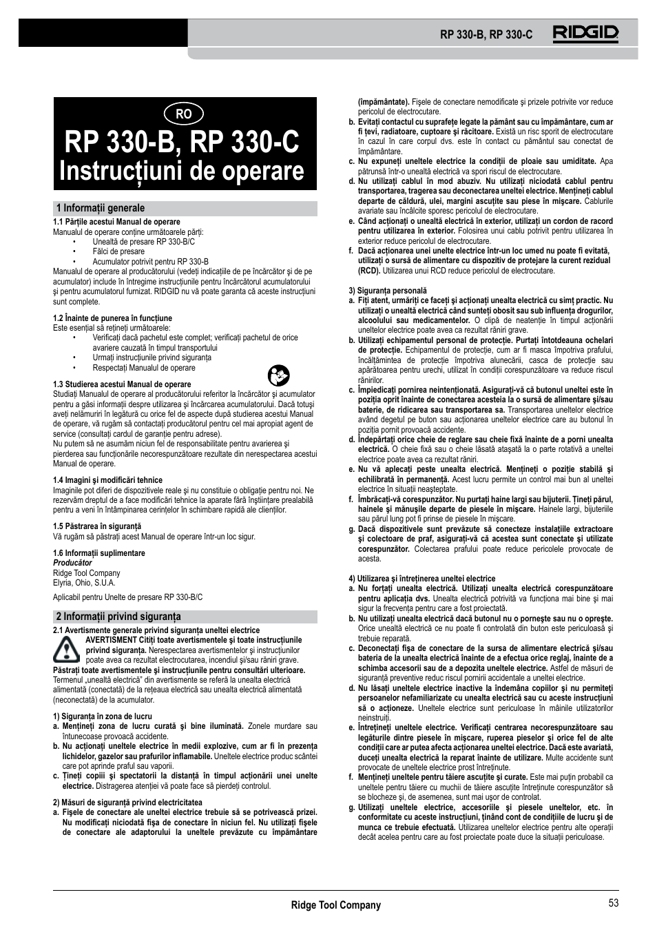 Instrucţiuni de operare, Ridge tool company 53, 1 informaţii generale | 2 informaţii privind siguranţa | RIDGID RP 330-C User Manual | Page 54 / 82