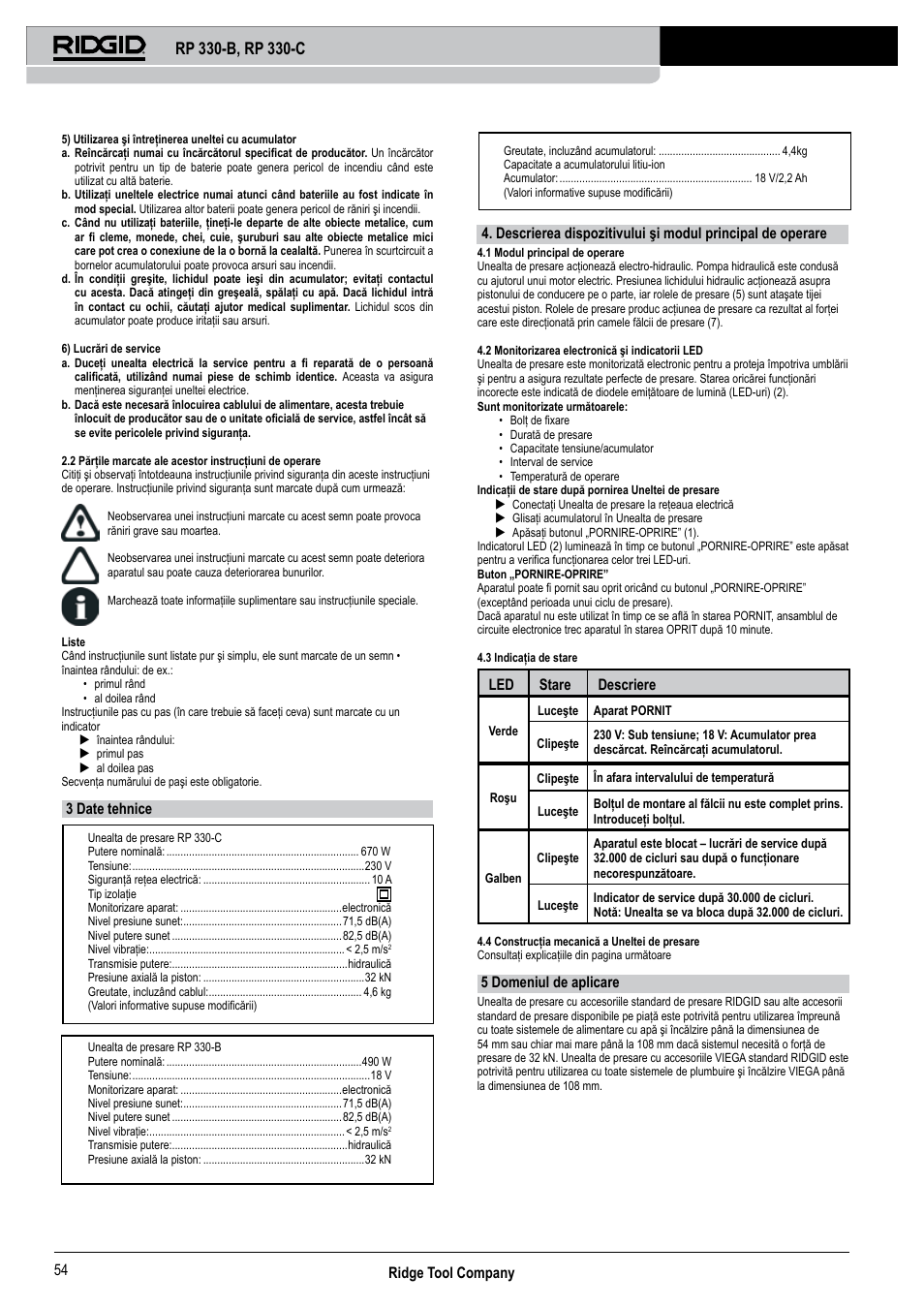 Ridge tool company 54, 3 date tehnice, Led stare descriere | 5 domeniul de aplicare | RIDGID RP 330-C User Manual | Page 55 / 82