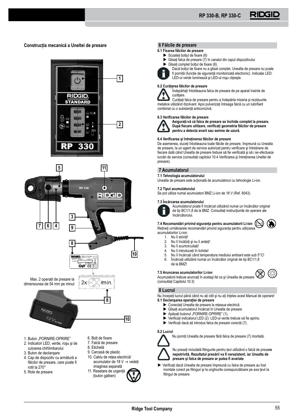 Ridge tool company 55, 6 fălcile de presare, 7 acumulatorul | 8 lucrul | RIDGID RP 330-C User Manual | Page 56 / 82