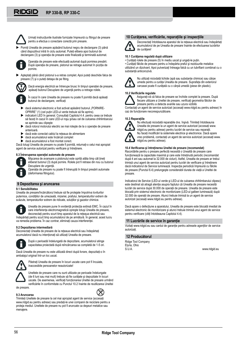 Ridge tool company 56, 9 depozitarea şi aruncarea, 11 lucrările de service în garanţie | 12 producătorul | RIDGID RP 330-C User Manual | Page 57 / 82