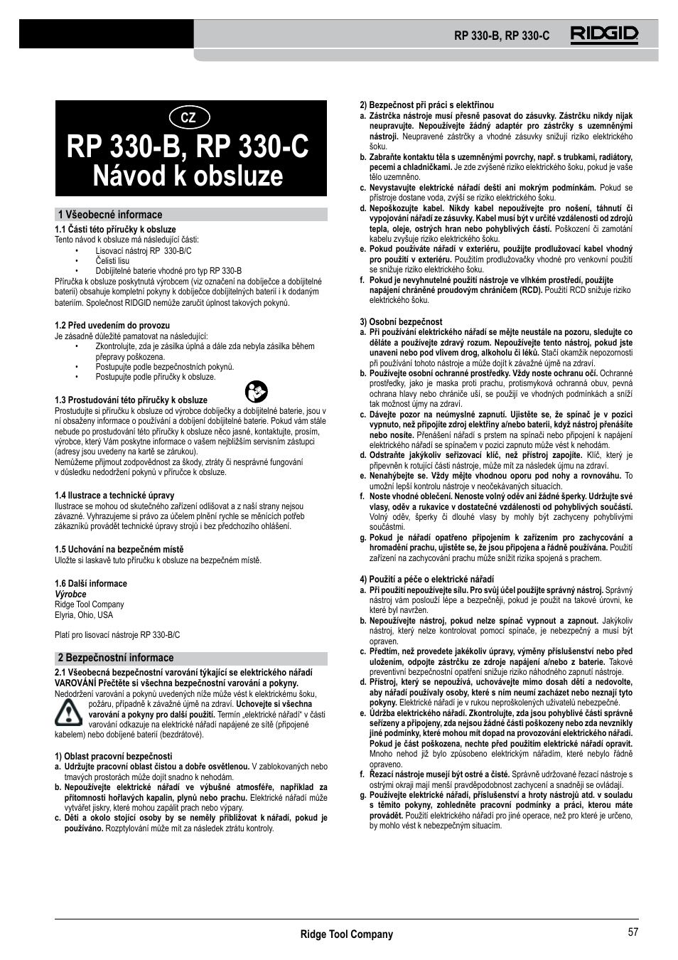Návod k obsluze, Ridge tool company 57, 1 všeobecné informace | 2 bezpečnostní informace | RIDGID RP 330-C User Manual | Page 58 / 82