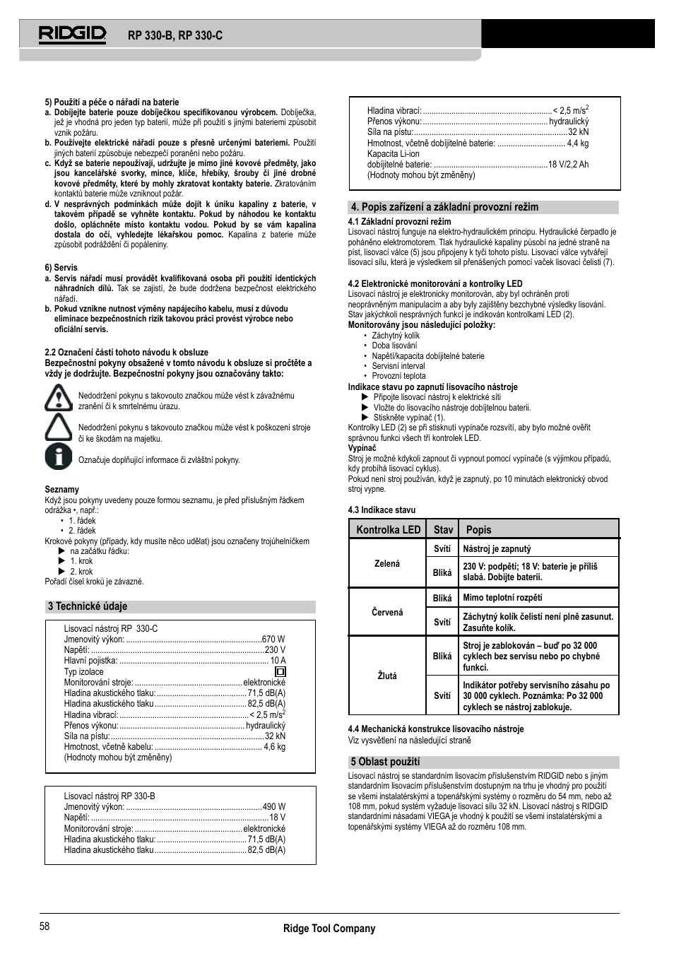 Ridge tool company 58, 3 technické údaje, Popis zařízení a základní provozní režim | Kontrolka led stav popis, 5 oblast použití | RIDGID RP 330-C User Manual | Page 59 / 82