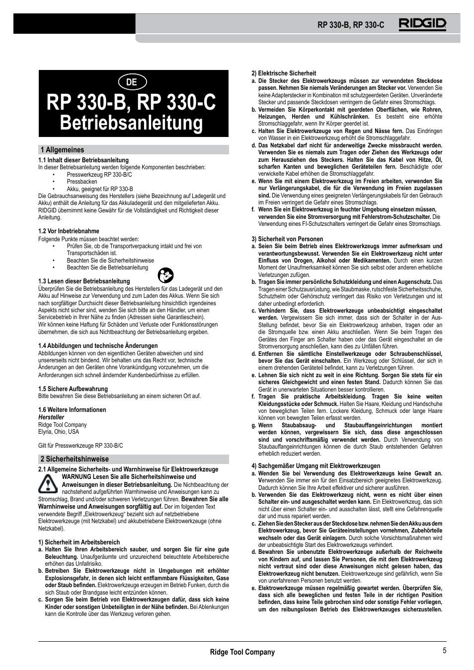 Betriebsanleitung, Ridge tool company 5, 1 allgemeines | 2 sicherheitshinweise | RIDGID RP 330-C User Manual | Page 6 / 82