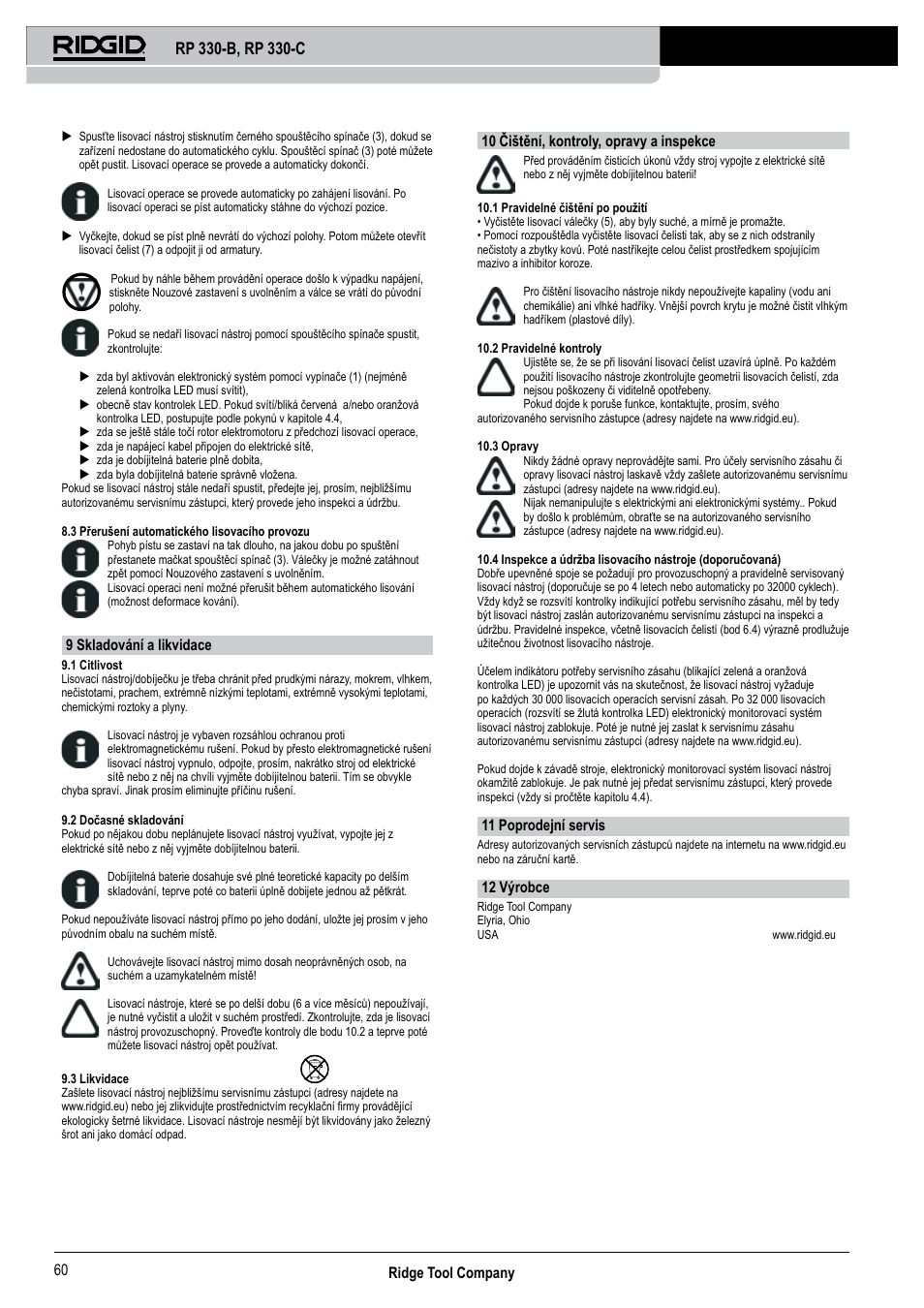 Ridge tool company 60, 9 skladování a likvidace, 10 čištění, kontroly, opravy a inspekce | 11 poprodejní servis, 12 výrobce | RIDGID RP 330-C User Manual | Page 61 / 82