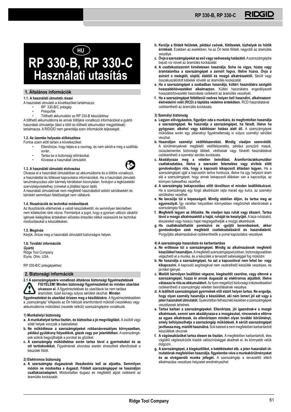 Használati utasítás, Ridge tool company 61, Általános információk | Biztonsági információk | RIDGID RP 330-C User Manual | Page 62 / 82