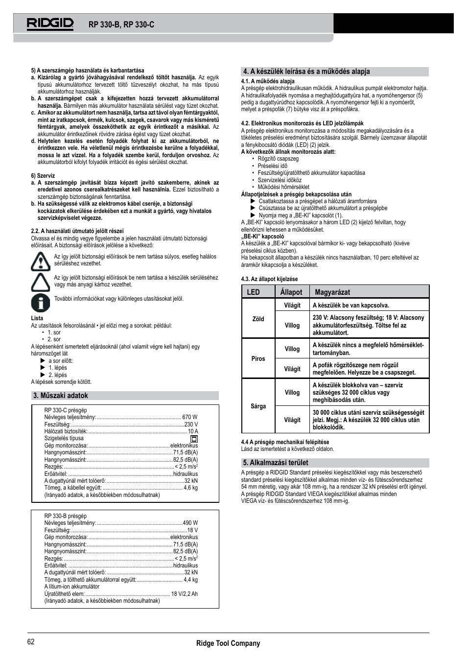 Ridge tool company 62, Műszaki adatok, A készülék leírása és a működés alapja | Led állapot magyarázat, Alkalmazási terület | RIDGID RP 330-C User Manual | Page 63 / 82