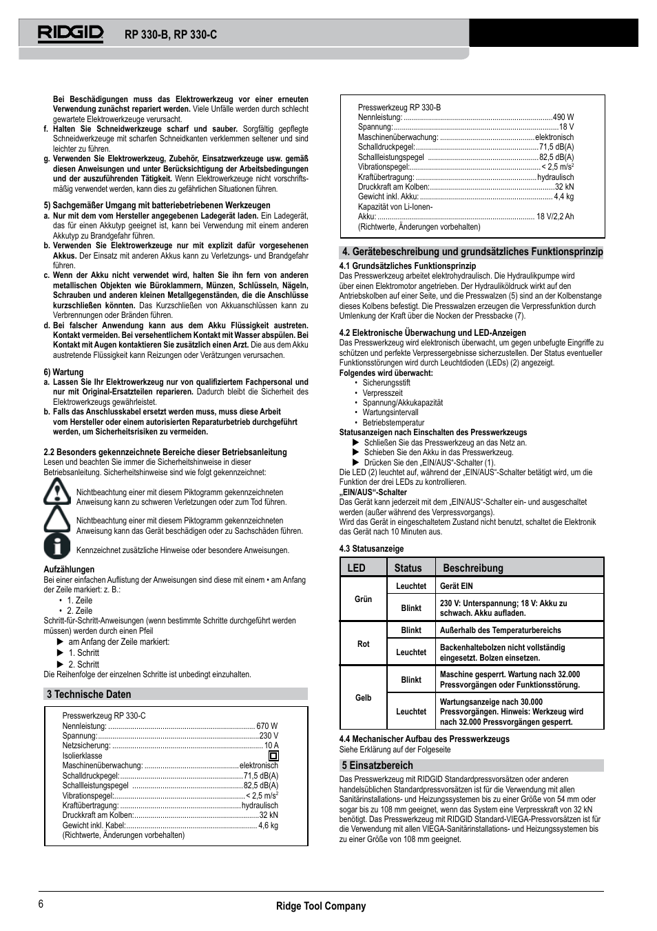 Ridge tool company 6, 3 technische daten, Led status beschreibung | 5 einsatzbereich | RIDGID RP 330-C User Manual | Page 7 / 82