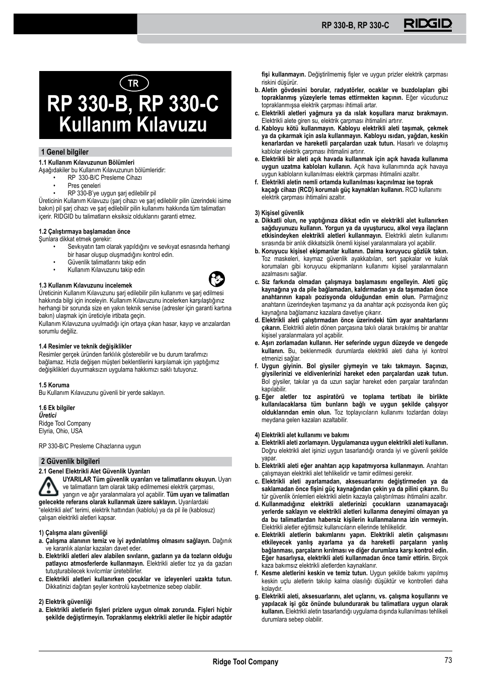 Kullanım kılavuzu | RIDGID RP 330-C User Manual | Page 74 / 82