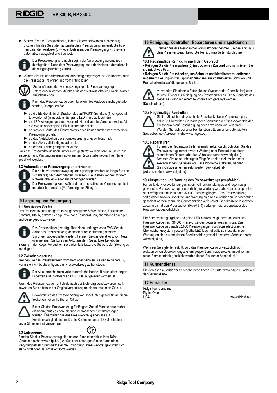 Ridge tool company 8, 9 lagerung und entsorgung, 11 kundendienst | 12 hersteller | RIDGID RP 330-C User Manual | Page 9 / 82