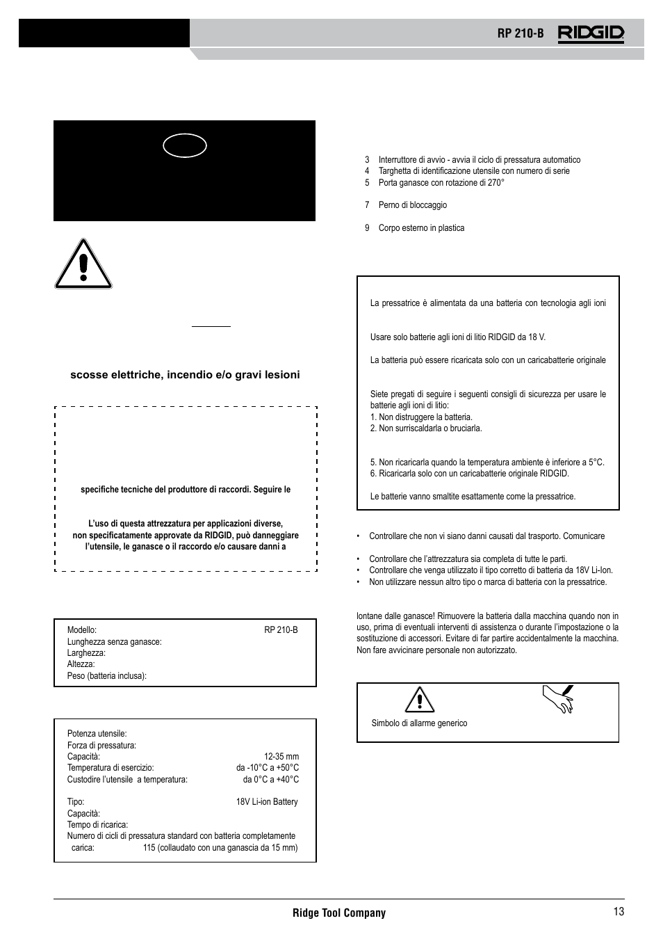 Rp 210-b, Istruzioni operative | RIDGID RP 210-B User Manual | Page 15 / 59