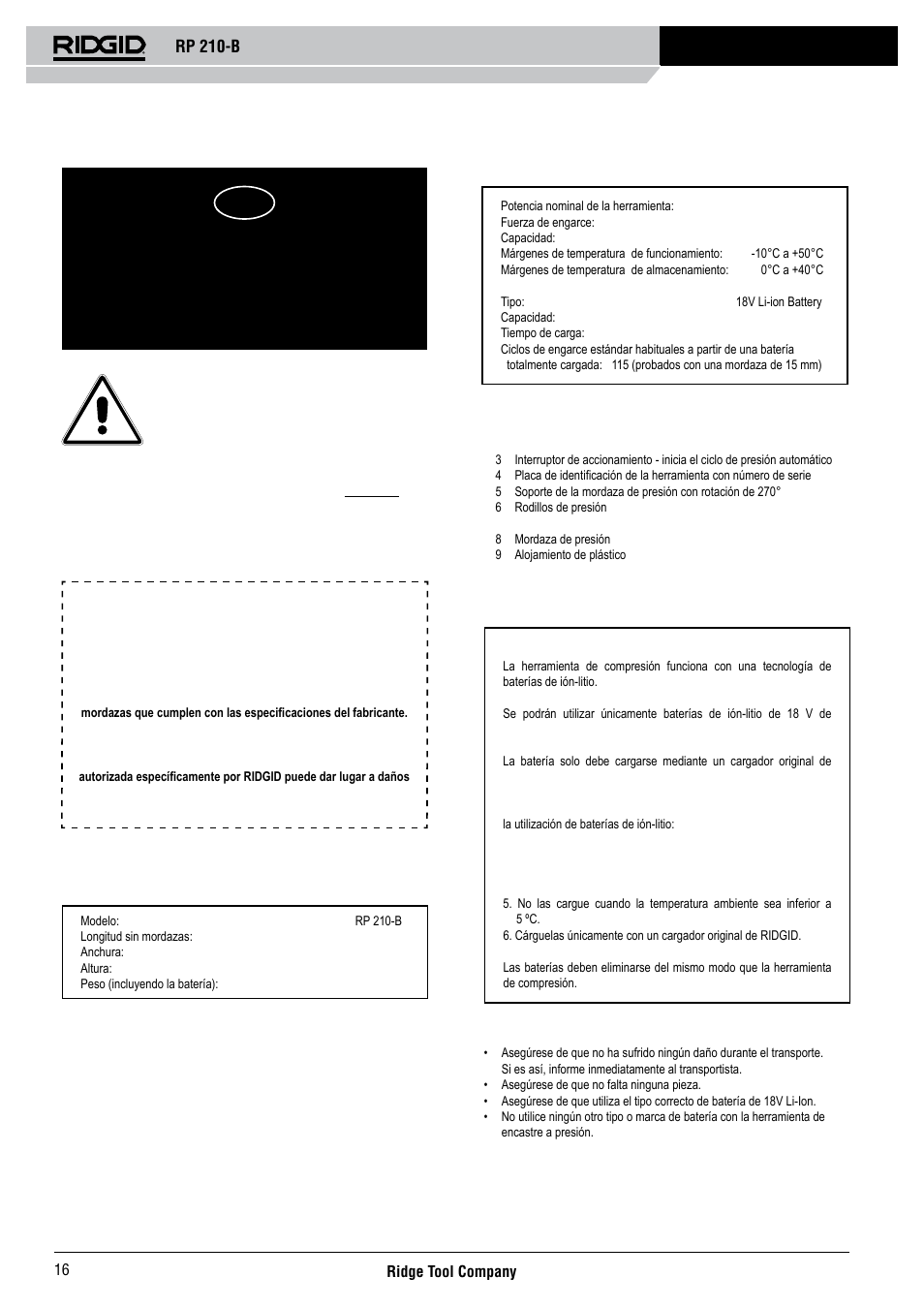 Rp 210-b, Instrucciones de funcionamiento | RIDGID RP 210-B User Manual | Page 18 / 59