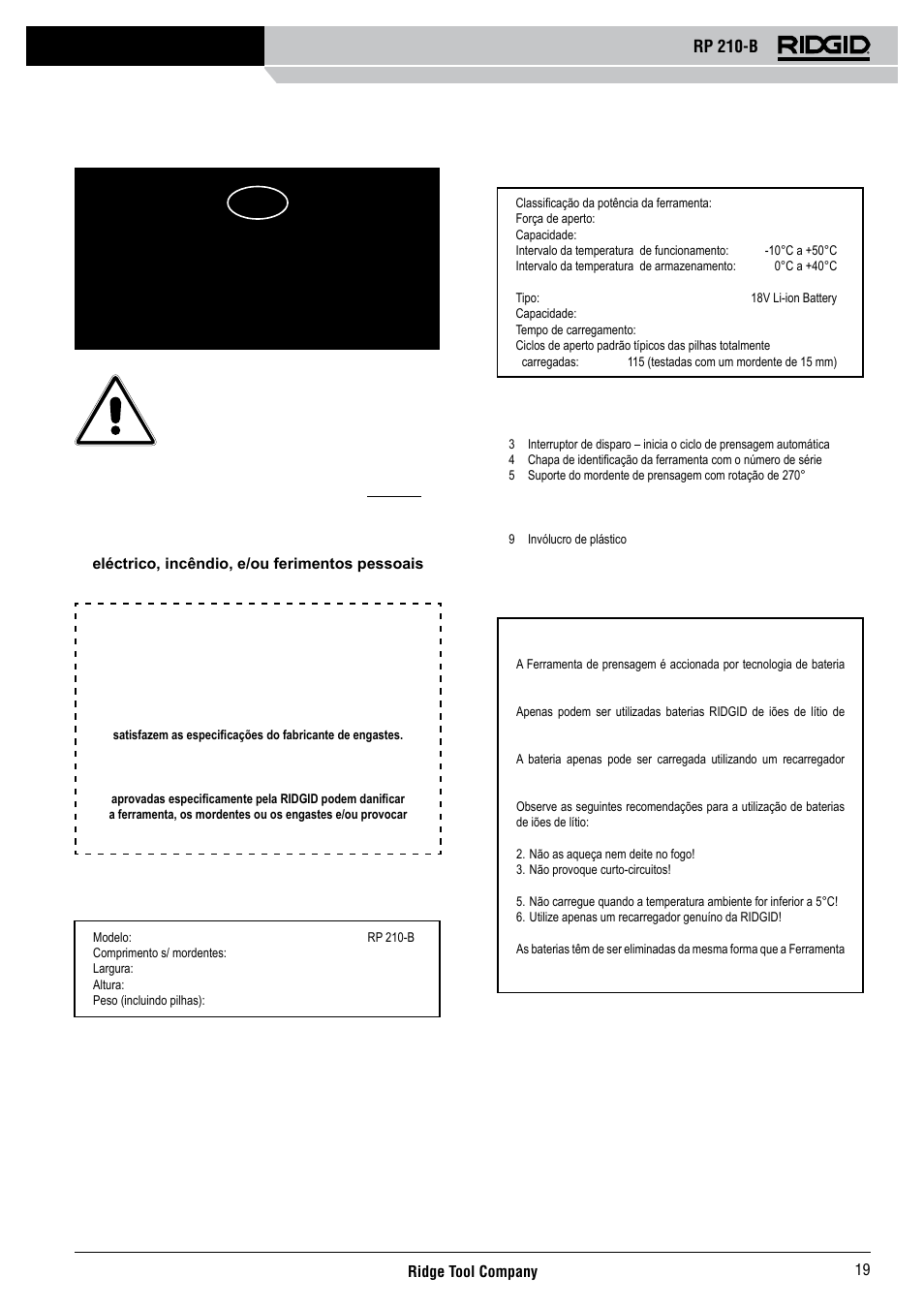 Rp 210-b, Instruções de funcionamento | RIDGID RP 210-B User Manual | Page 21 / 59