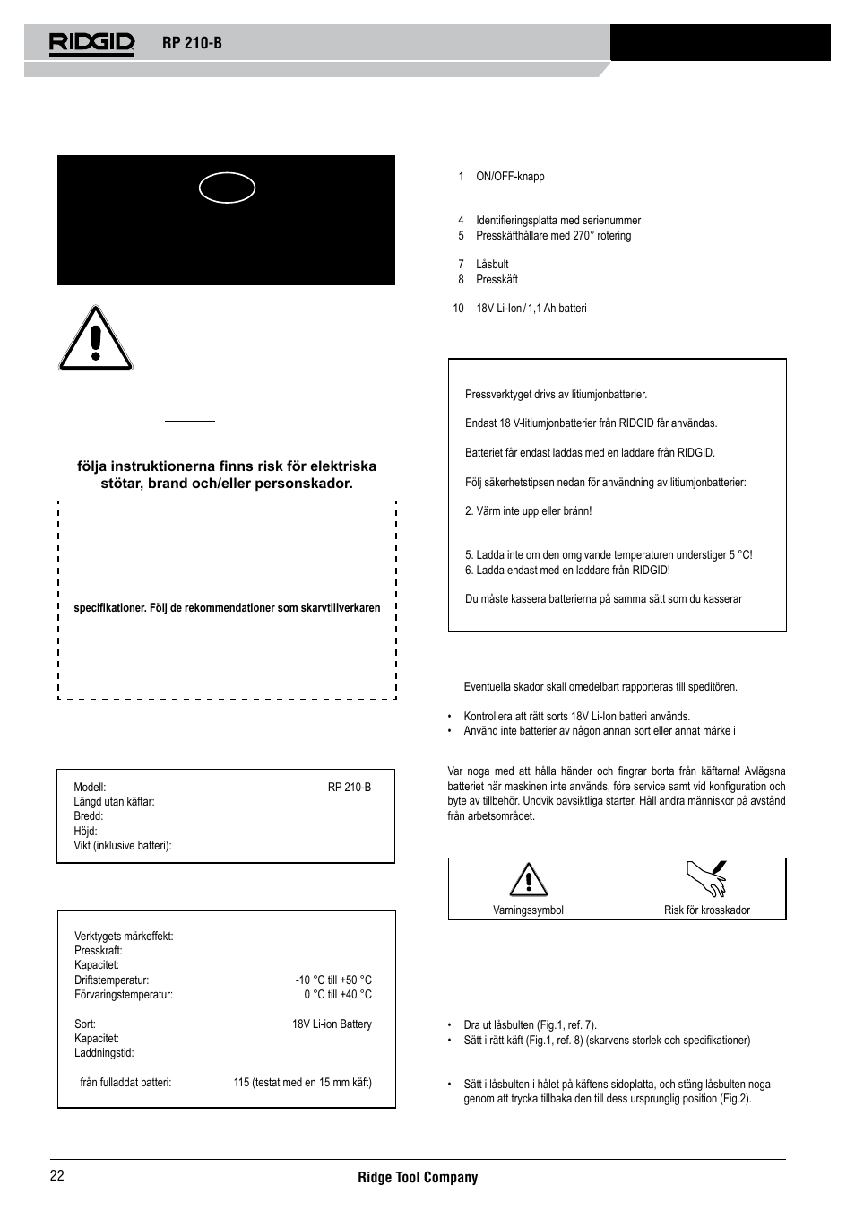 Rp 210-b, Bruksanvisning | RIDGID RP 210-B User Manual | Page 24 / 59