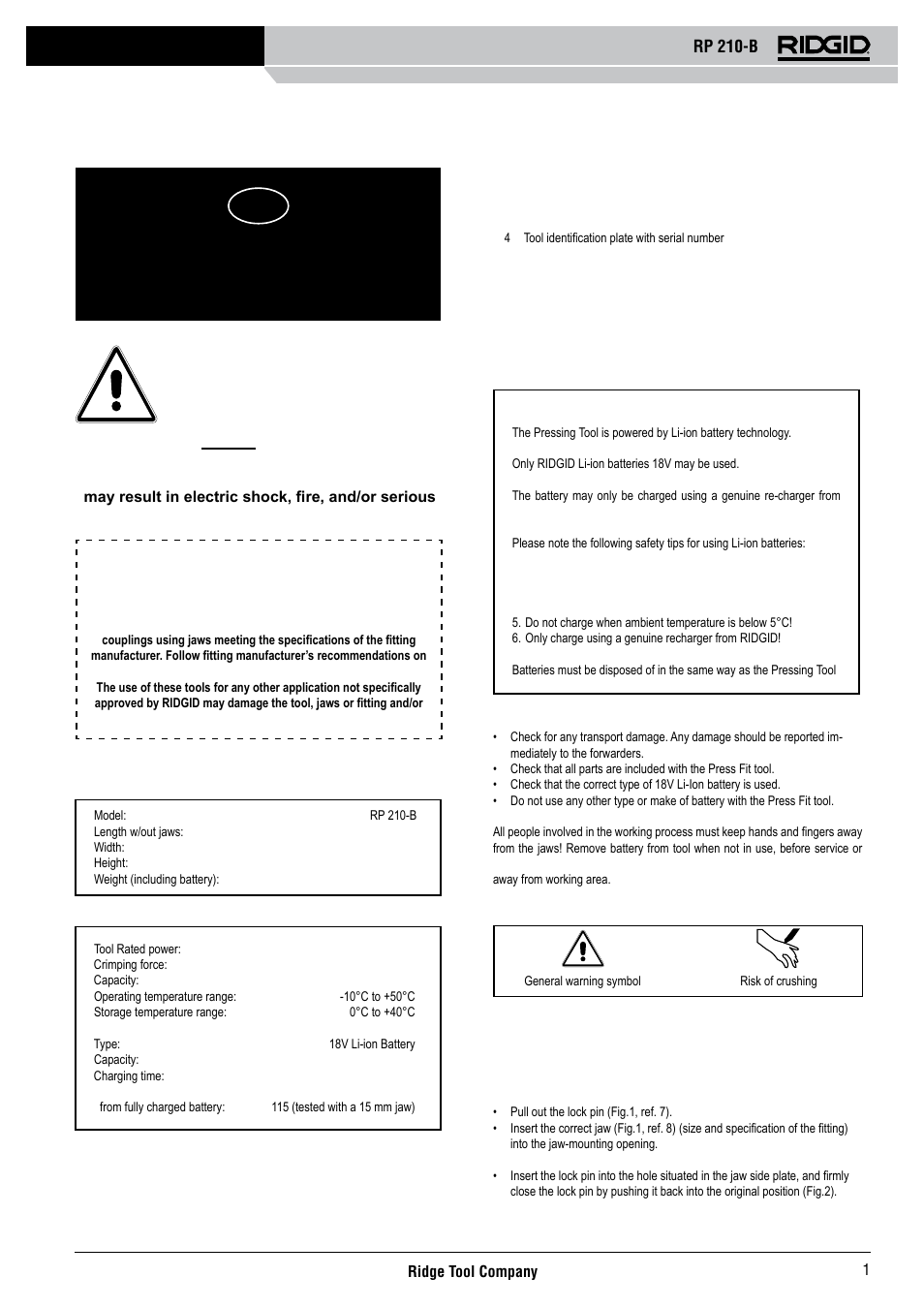 Rp 210-b, Operating instructions | RIDGID RP 210-B User Manual | Page 3 / 59