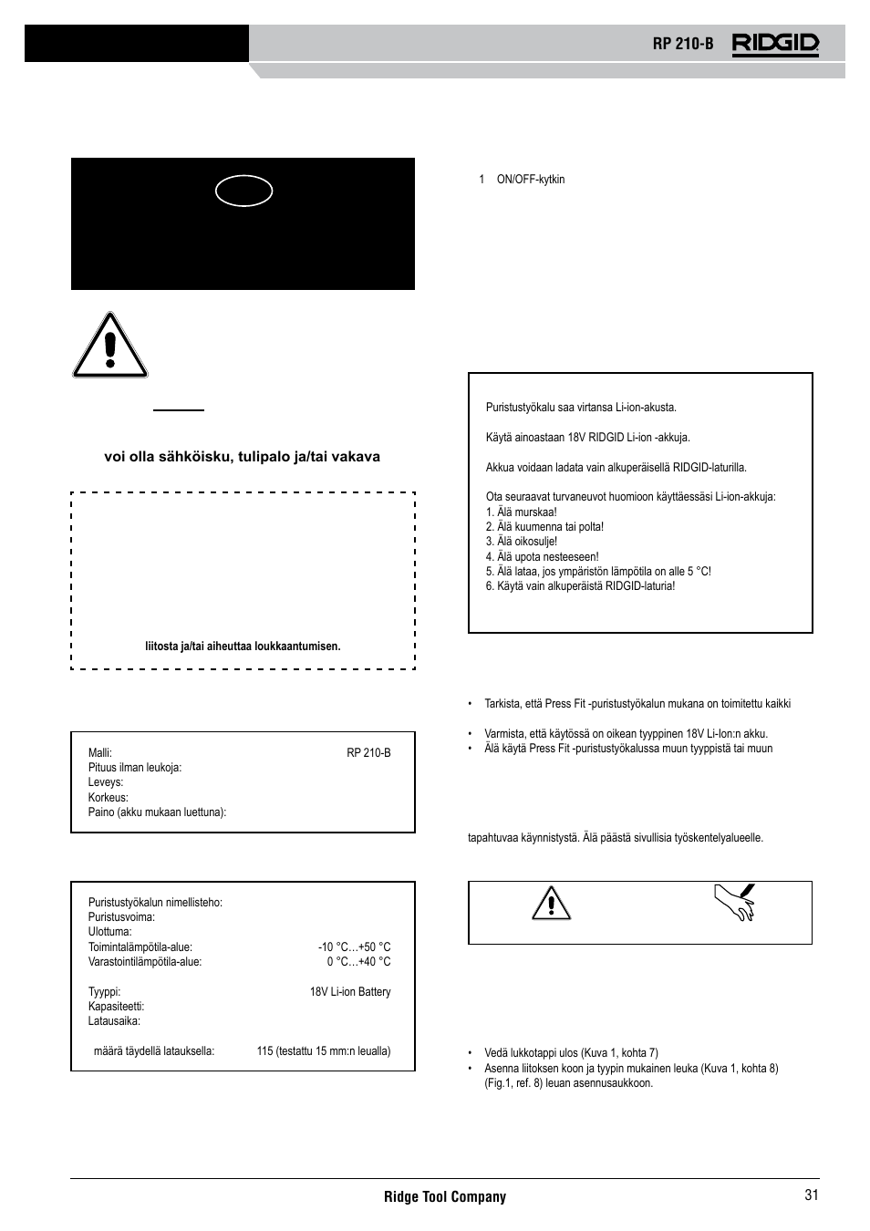 Rp 210-b, Käyttöohjeet | RIDGID RP 210-B User Manual | Page 33 / 59