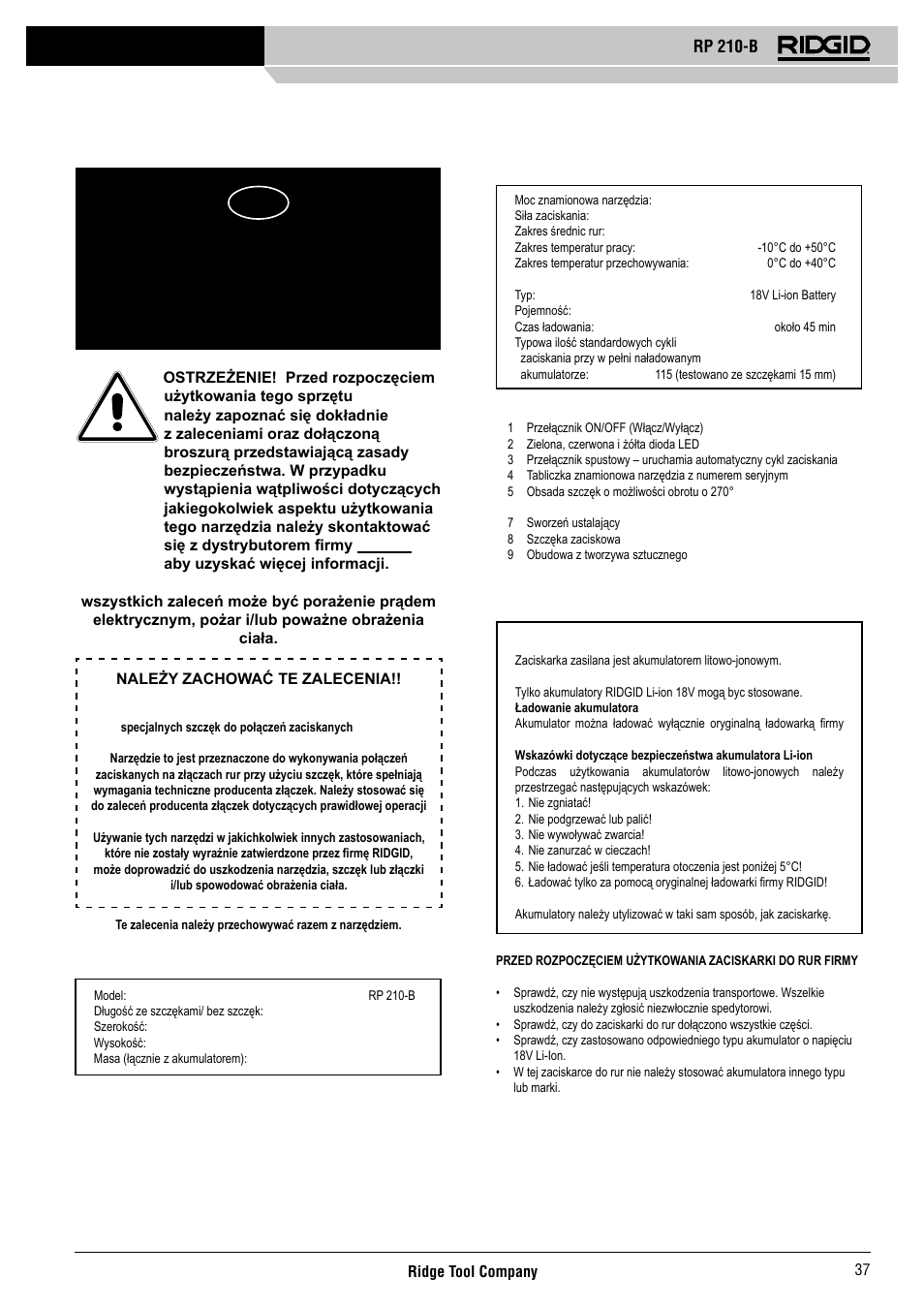 Rp 210-b, Zalecenia eksploatacyjne | RIDGID RP 210-B User Manual | Page 39 / 59