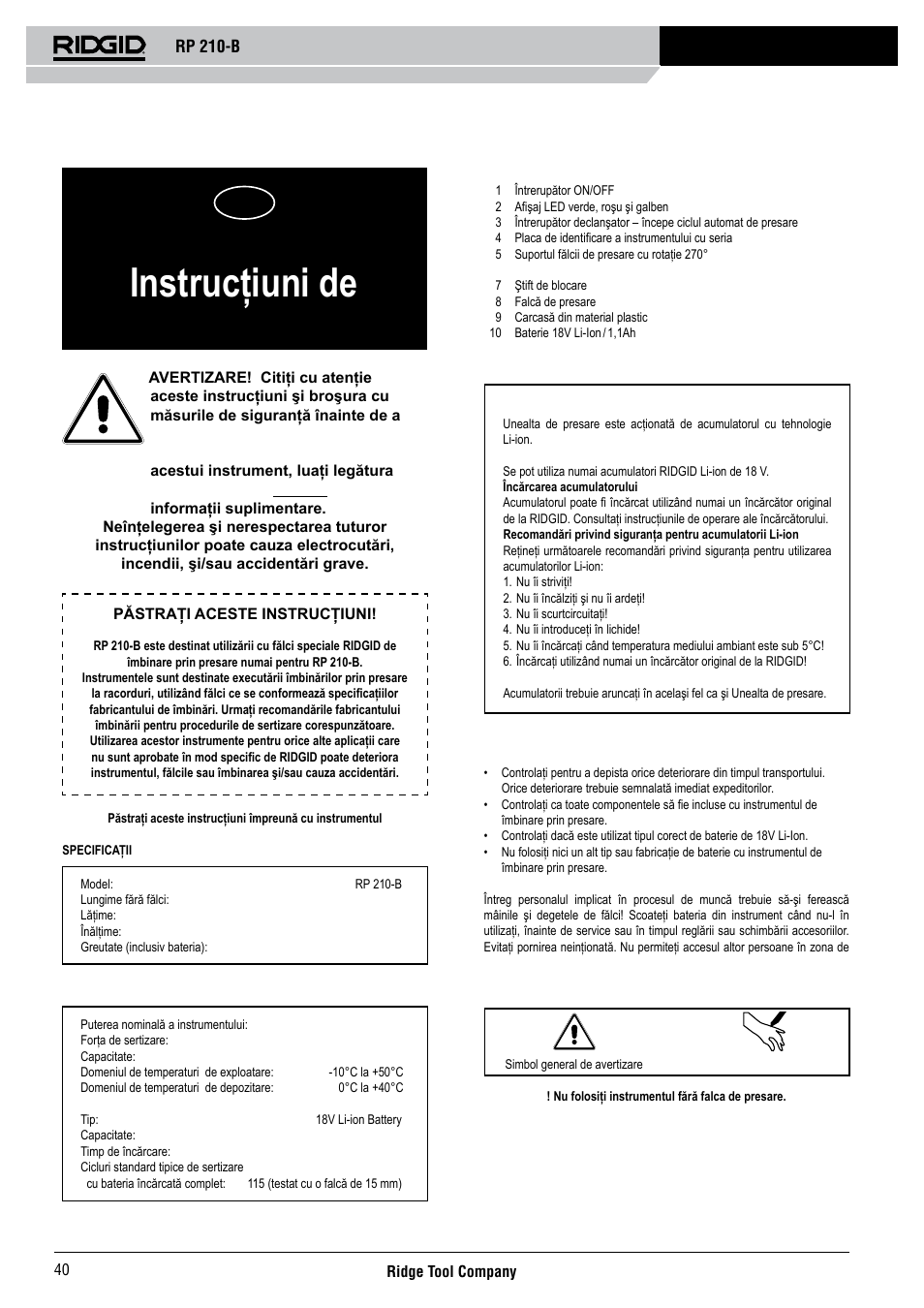 Rp 210-b, Instrucţiuni de exploatare | RIDGID RP 210-B User Manual | Page 42 / 59