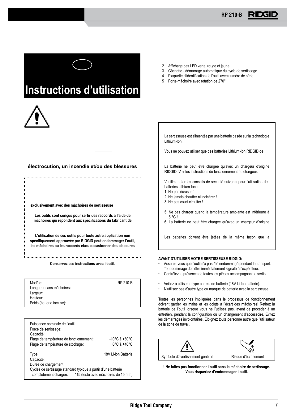 Rp 210-b, Instructions d’utilisation | RIDGID RP 210-B User Manual | Page 9 / 59