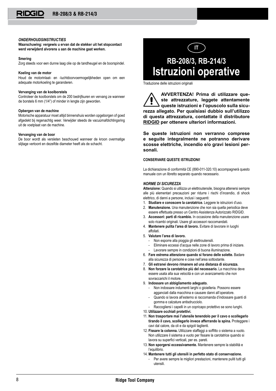 Istruzioni operative | RIDGID RB-214_3 User Manual | Page 10 / 50