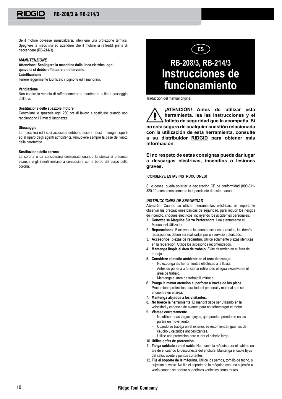 Instrucciones de funcionamiento | RIDGID RB-214_3 User Manual | Page 12 / 50