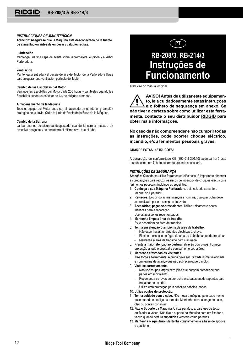 Instruções de funcionamento | RIDGID RB-214_3 User Manual | Page 14 / 50