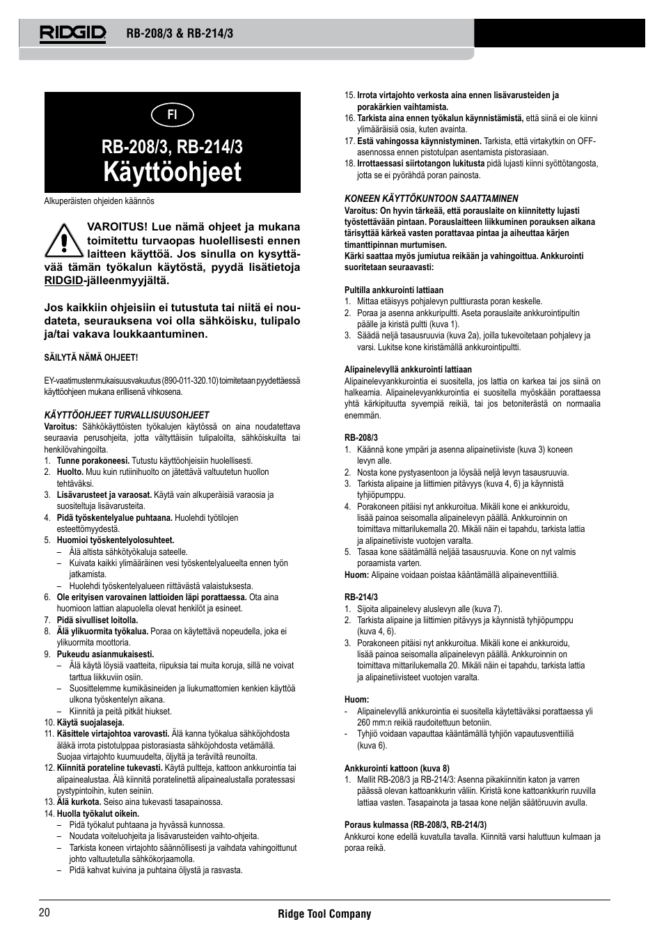 Käyttöohjeet | RIDGID RB-214_3 User Manual | Page 22 / 50