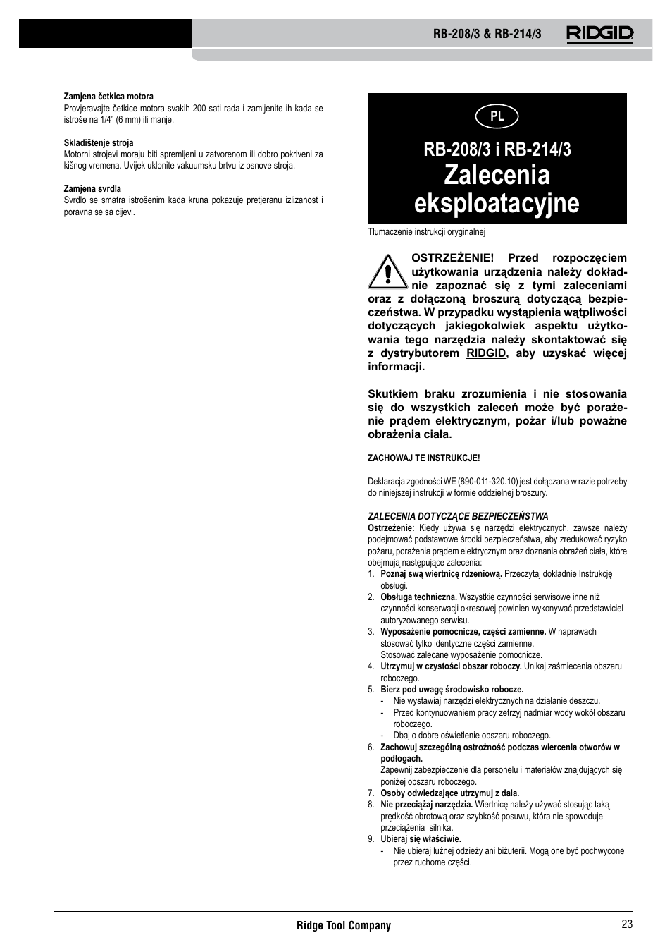 Zalecenia eksploatacyjne | RIDGID RB-214_3 User Manual | Page 25 / 50