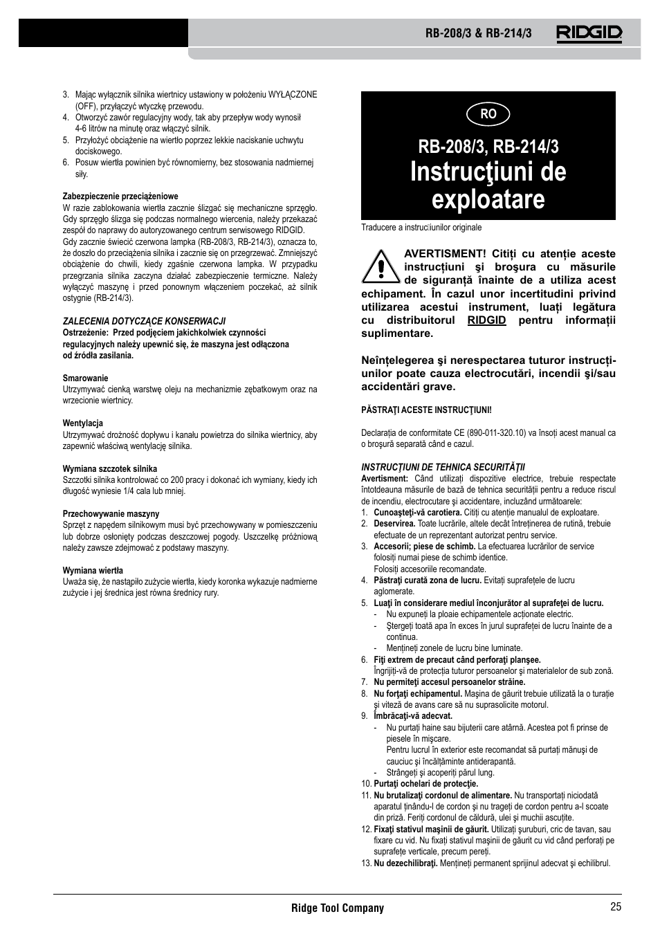 Instrucţiuni de exploatare | RIDGID RB-214_3 User Manual | Page 27 / 50