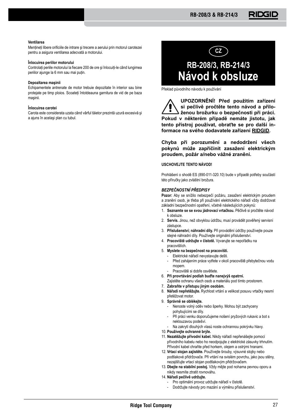 Návod k obsluze | RIDGID RB-214_3 User Manual | Page 29 / 50