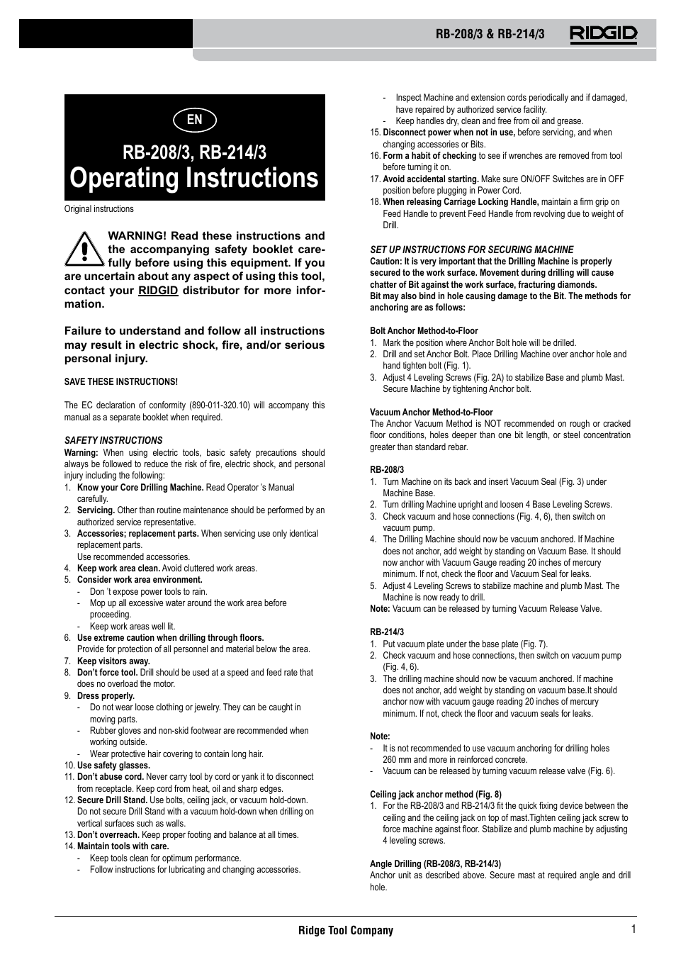 Operating instructions | RIDGID RB-214_3 User Manual | Page 3 / 50