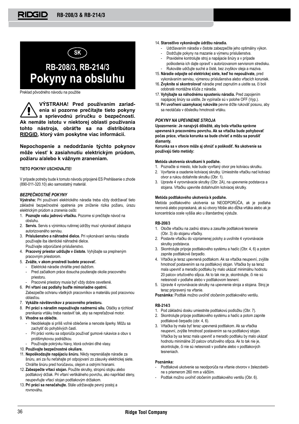 Pokyny na obsluhu | RIDGID RB-214_3 User Manual | Page 38 / 50
