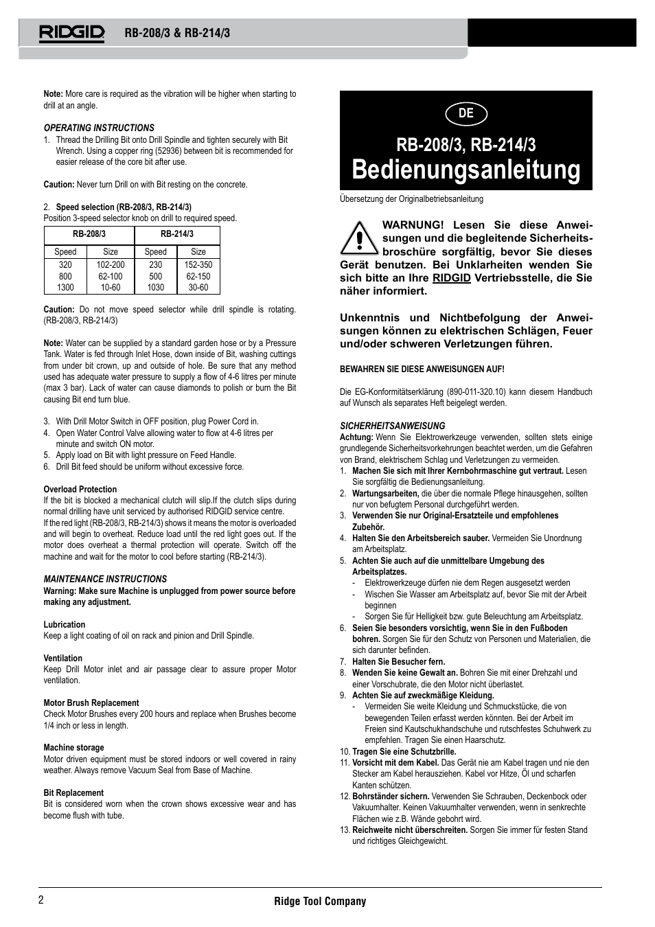 Bedienungsanleitung | RIDGID RB-214_3 User Manual | Page 4 / 50