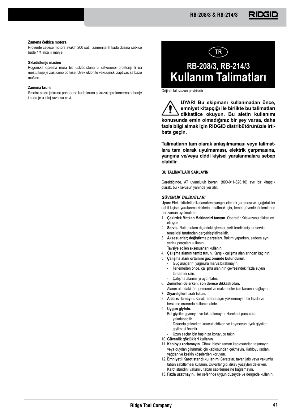 Kullanım talimatları | RIDGID RB-214_3 User Manual | Page 43 / 50