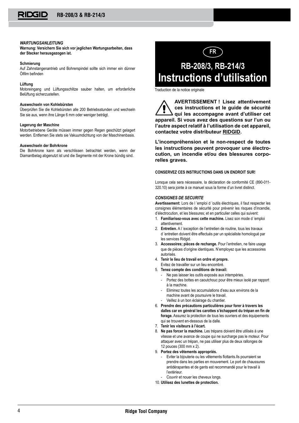 Instructions d’utilisation | RIDGID RB-214_3 User Manual | Page 6 / 50
