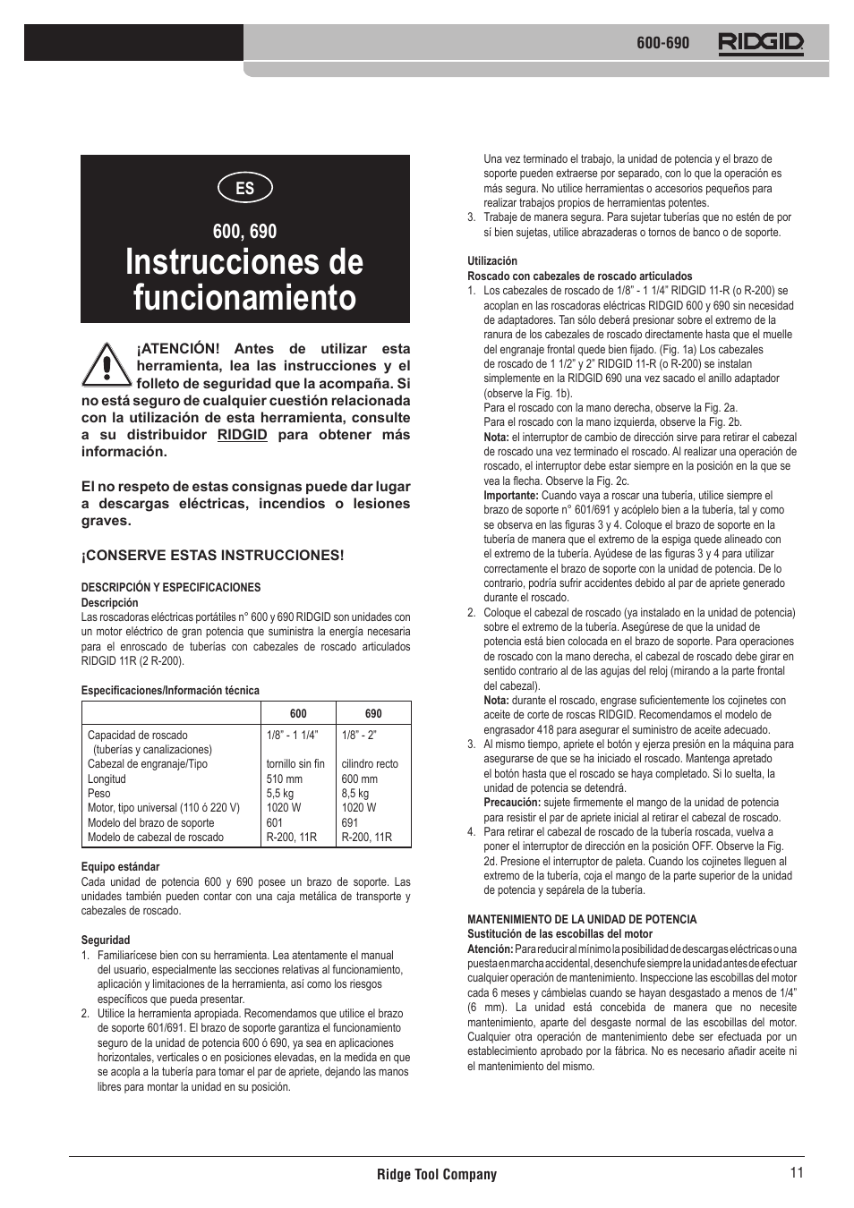 Instrucciones de funcionamiento | RIDGID 690 User Manual | Page 12 / 40