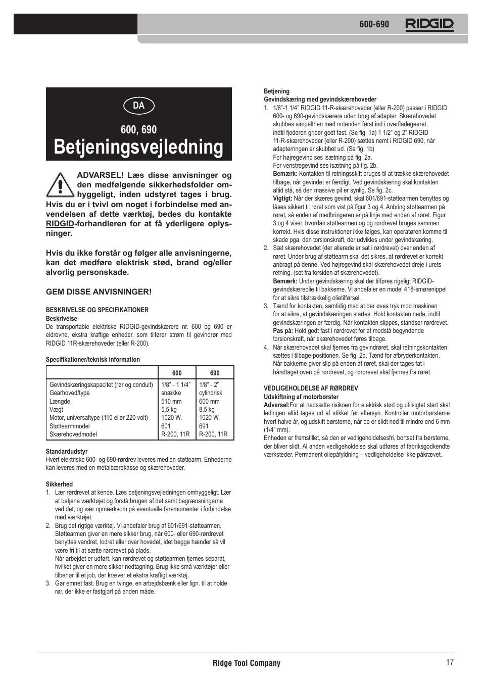 Betjeningsvejledning | RIDGID 690 User Manual | Page 18 / 40