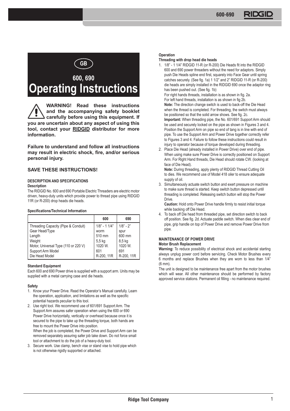 Operating instructions | RIDGID 690 User Manual | Page 2 / 40