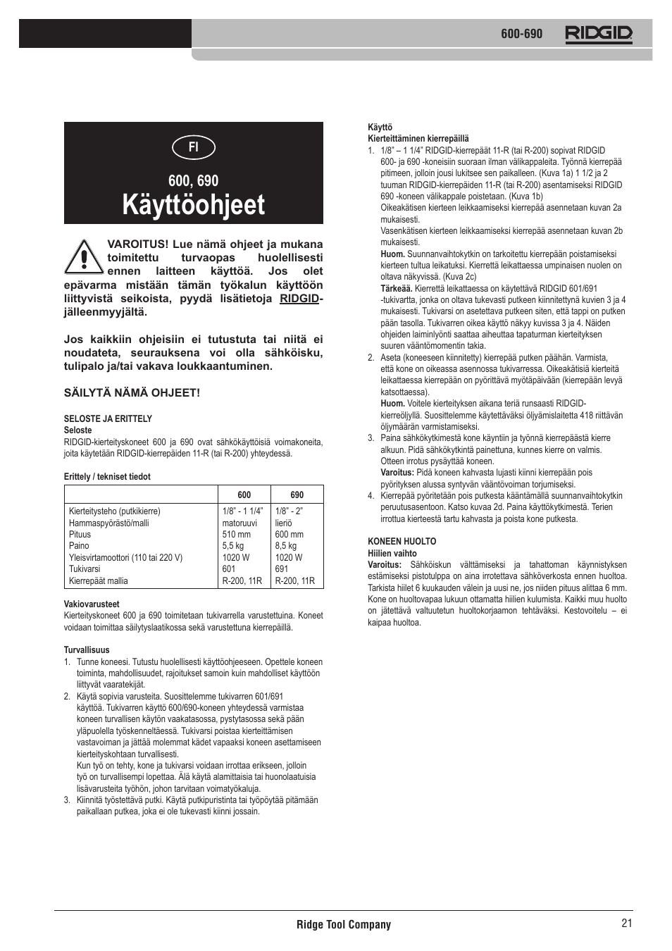 Käyttöohjeet | RIDGID 690 User Manual | Page 22 / 40