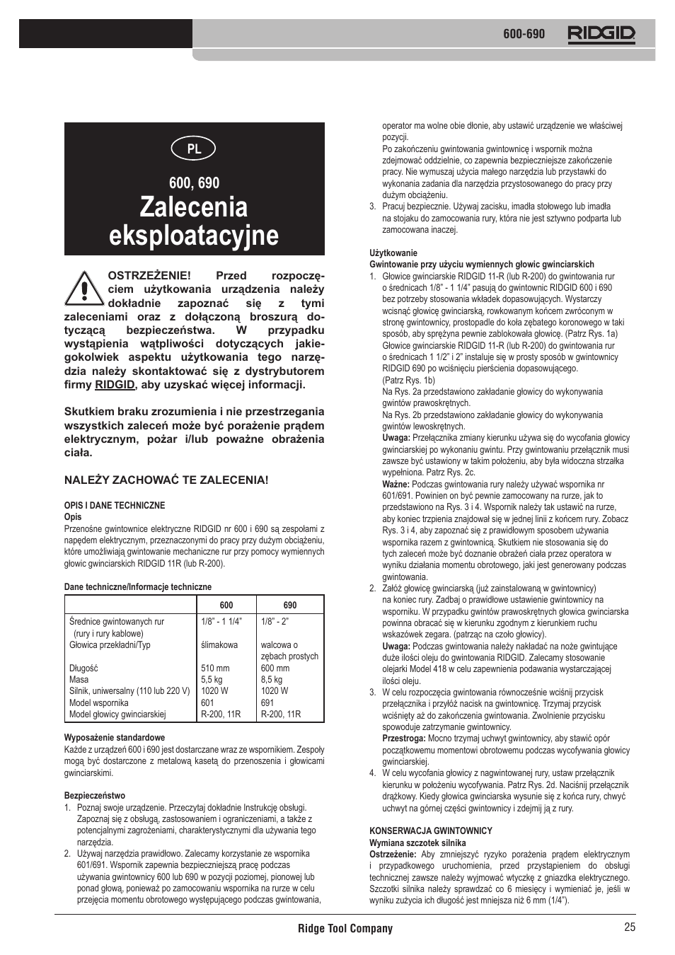 Zalecenia eksploatacyjne | RIDGID 690 User Manual | Page 26 / 40