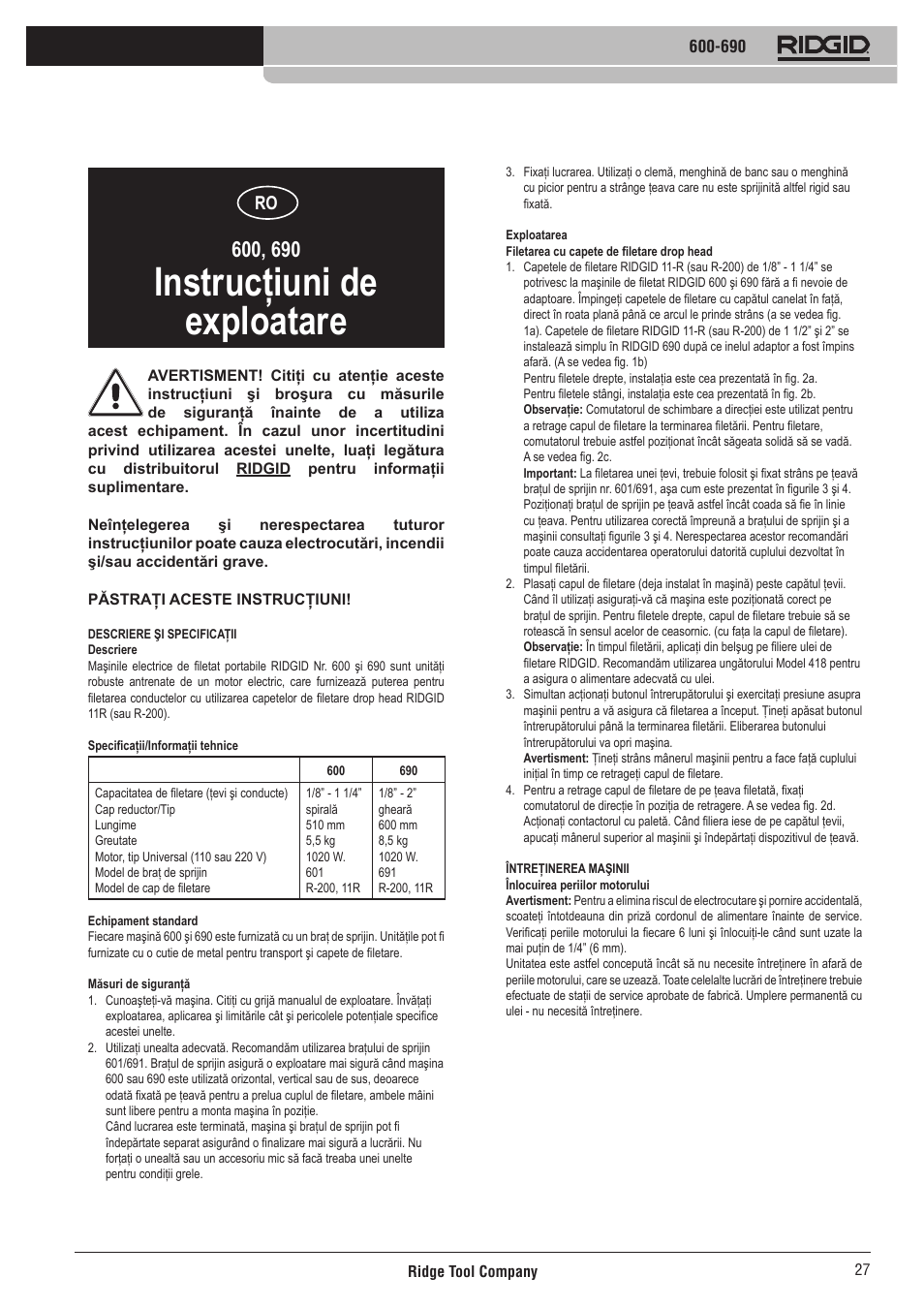 Instrucţiuni de exploatare | RIDGID 690 User Manual | Page 28 / 40