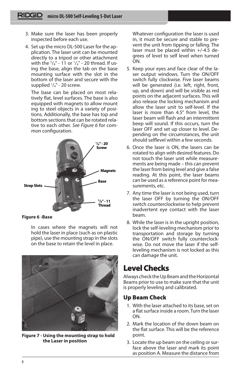 Level checks, Up beam check | RIDGID micro DL-500 User Manual | Page 10 / 270