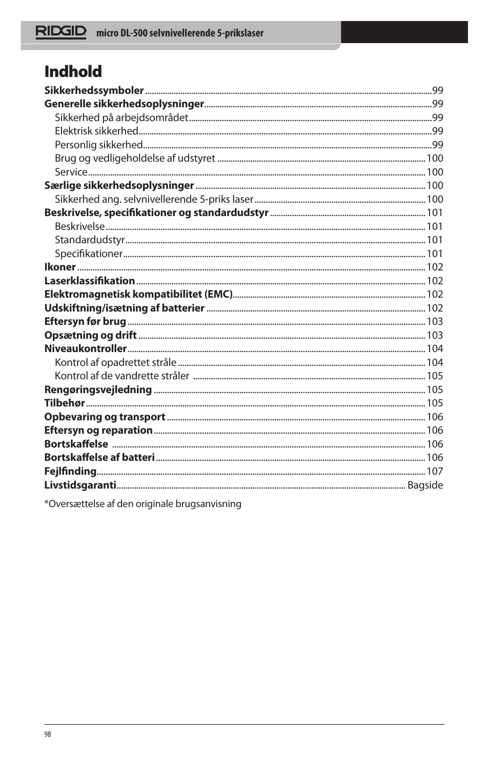 Indhold | RIDGID micro DL-500 User Manual | Page 100 / 270