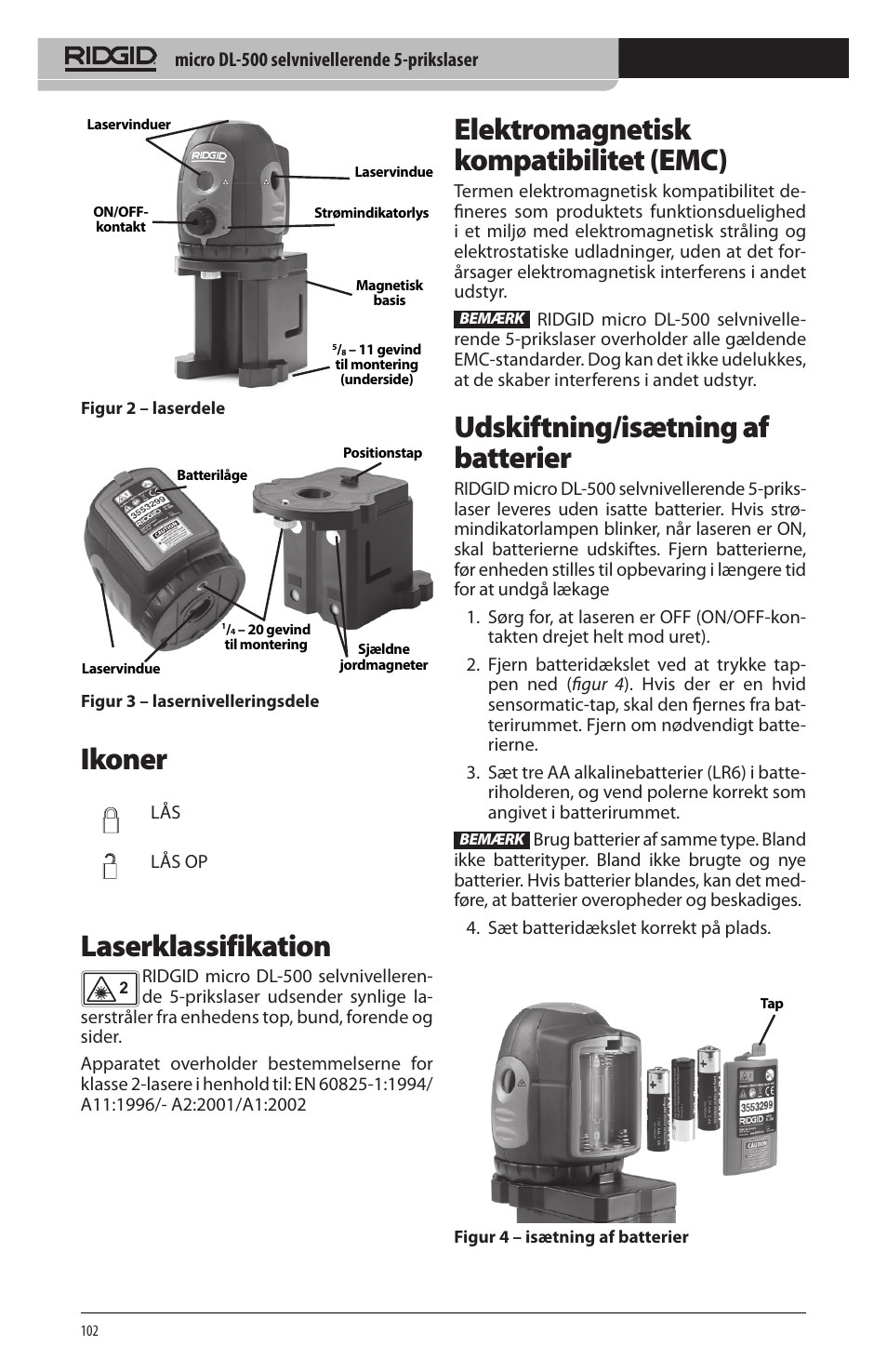 Ikoner, Laserklassifikation, Elektromagnetisk kompatibilitet (emc) | Udskiftning/isætning af batterier | RIDGID micro DL-500 User Manual | Page 104 / 270