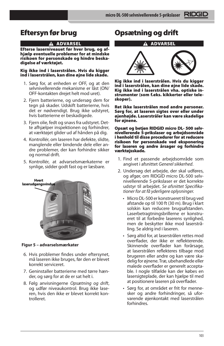 Opsætning og drift, Eftersyn før brug | RIDGID micro DL-500 User Manual | Page 105 / 270