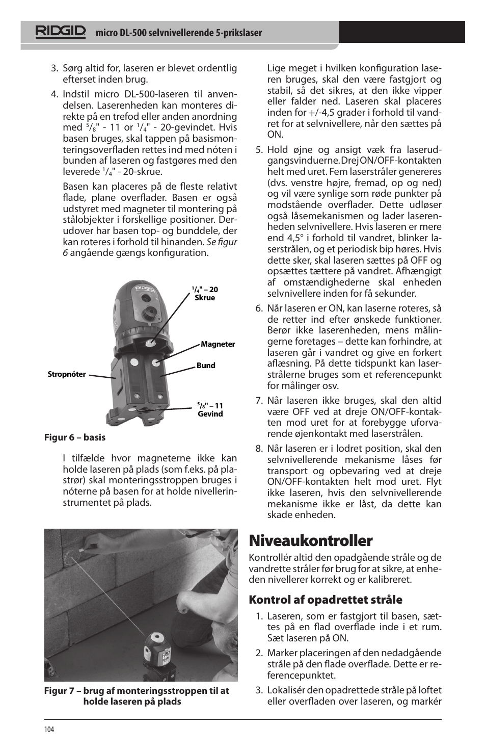 Niveaukontroller, Kontrol af opadrettet stråle | RIDGID micro DL-500 User Manual | Page 106 / 270