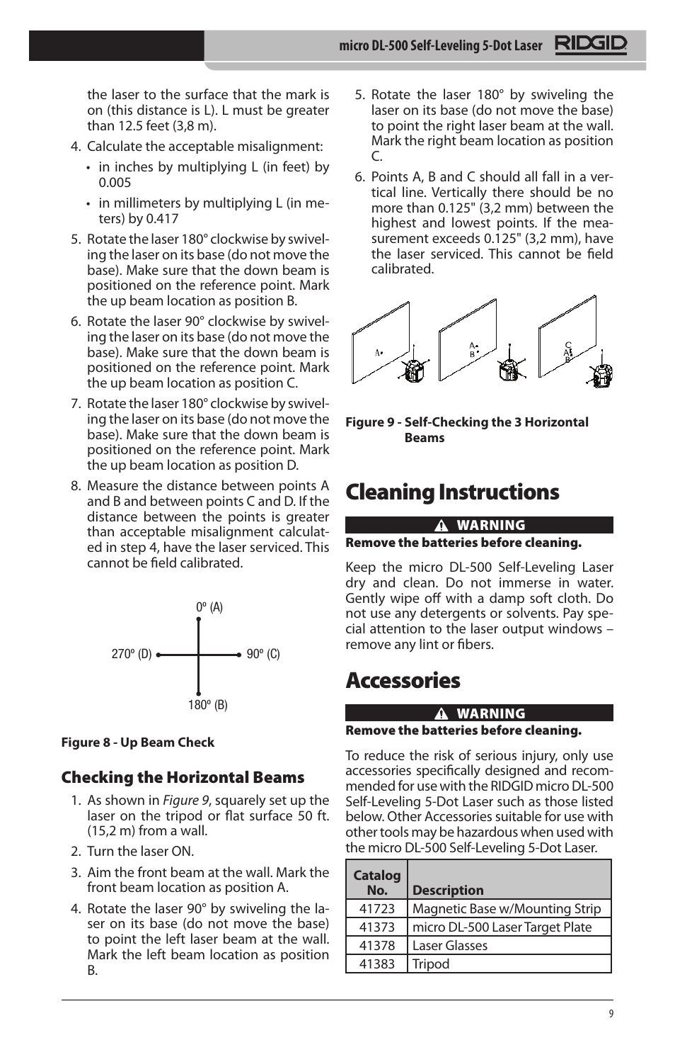 Cleaning instructions, Accessories, Checking the horizontal beams | RIDGID micro DL-500 User Manual | Page 11 / 270